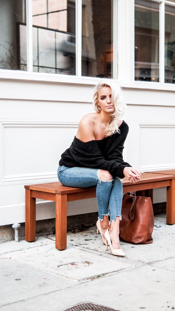 Loose Knits twist back sweater skinny jeans nude heels Charleston Fashion Blogger Dannon Like The Yogurt