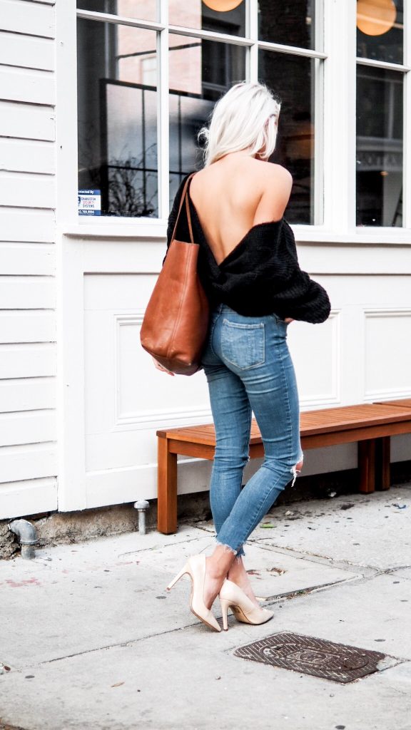 Loose Knits twist back sweater skinny jeans nude heels Charleston Fashion Blogger Dannon Like The Yogurt