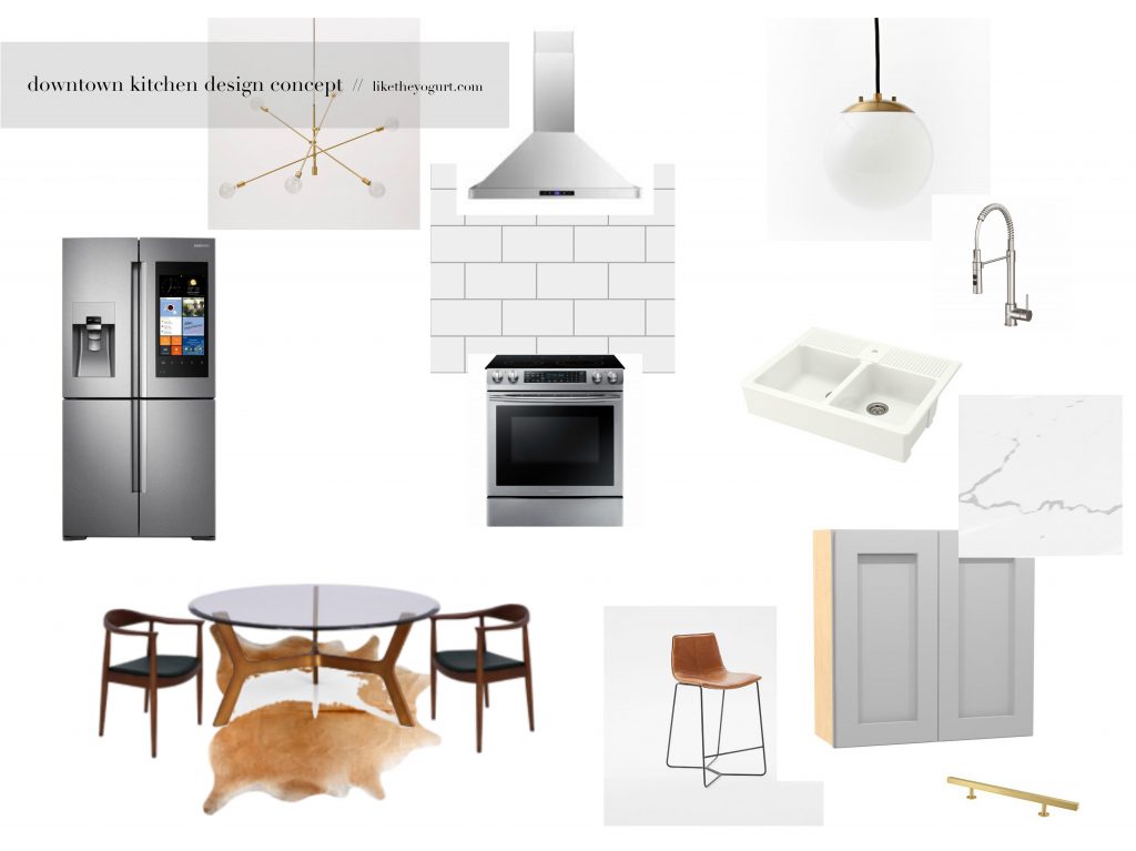 Downtown Charleston kitchen design concept modern mid century home decor brass chandelier mobile globe pendant farmhouse sink grey shaker cabinets spring faucet subway tile backsplash 