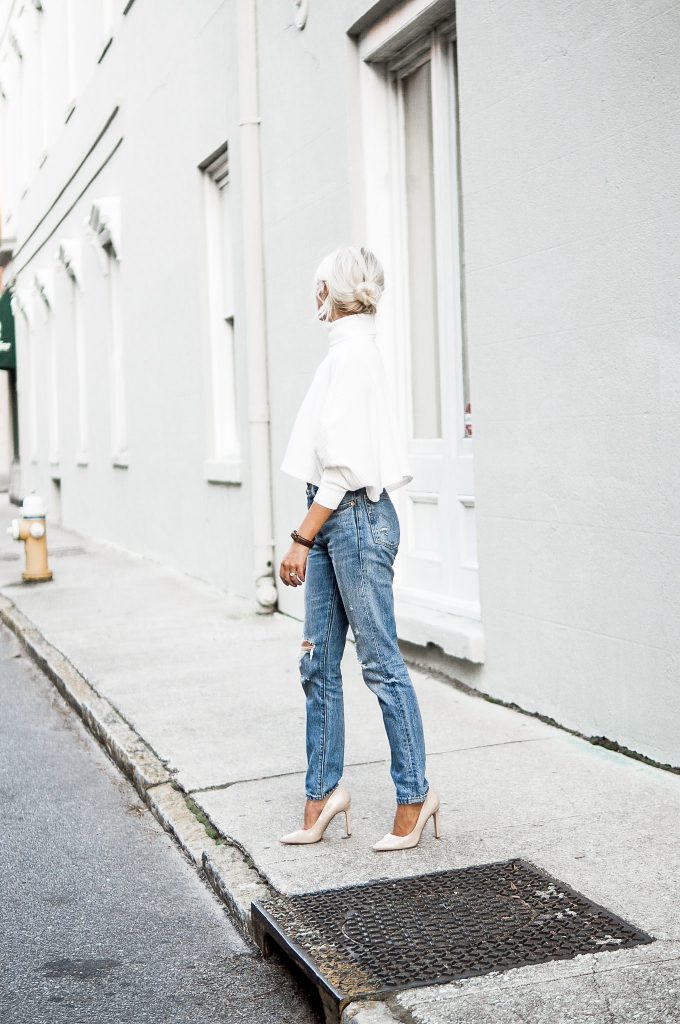  hello fall forever 21 turtleneck white crop top 501 levis mom jeans nude pumps fall street style // charleston fashion blogger dannon k collard like the yogurt