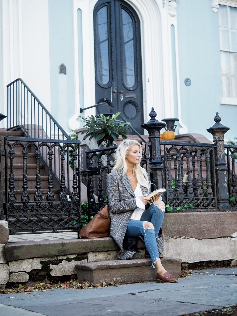 Brownstones in Charleston check plaid long coat brown loafers sweater skinny jeans // charleston fashion blogger dannon k collard like the yogurt