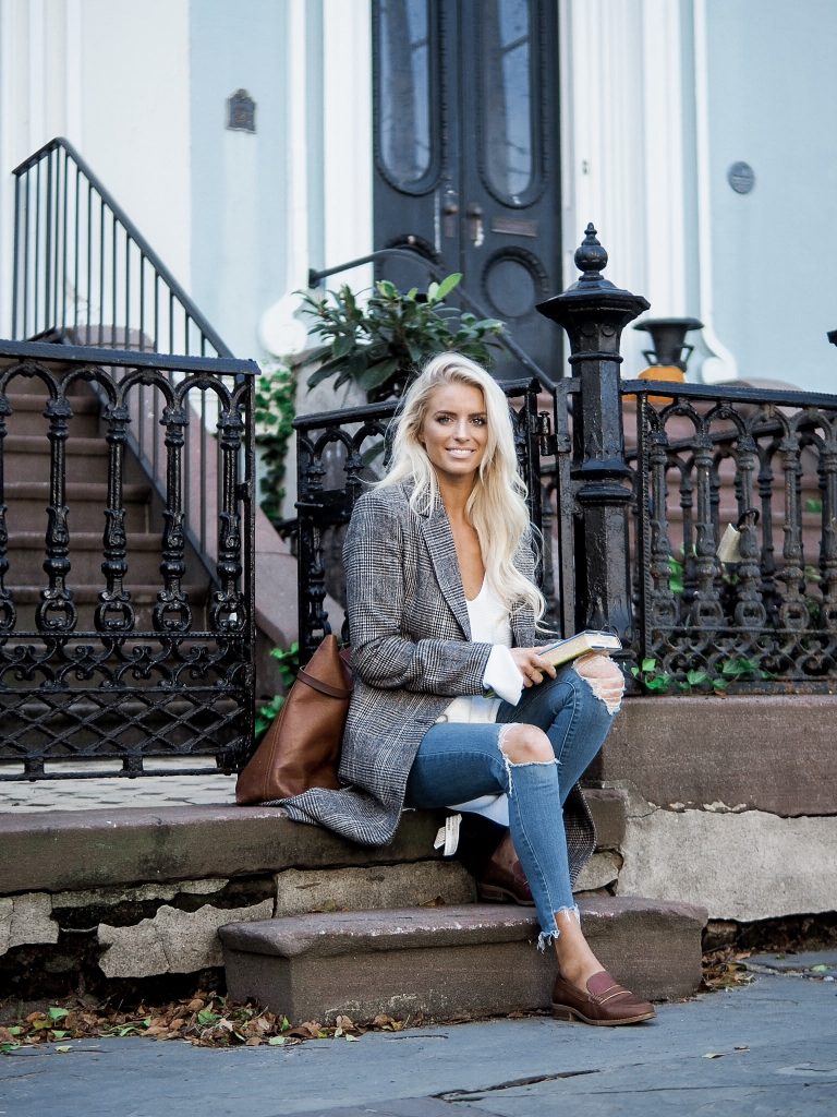Brownstones in Charleston check plaid long coat brown loafers sweater skinny jeans // charleston fashion blogger dannon k collard like the yogurt