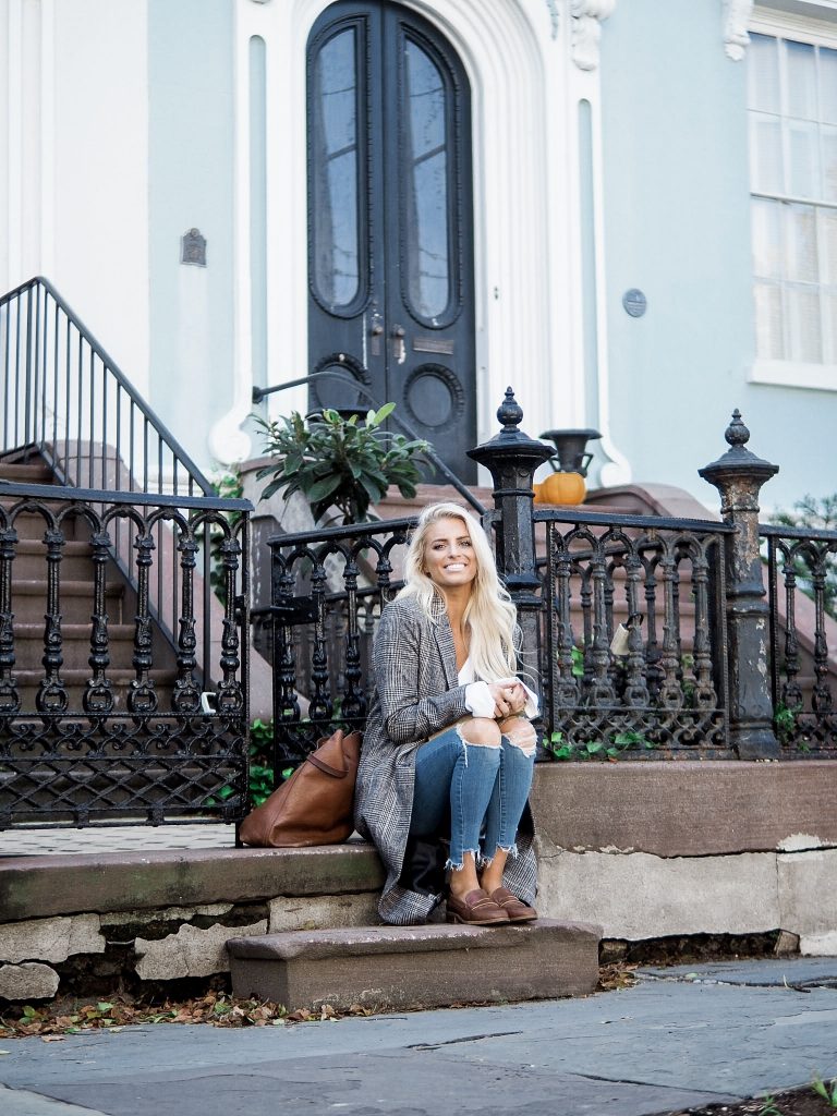 Brownstones in Charleston check plaid long coat brown loafers sweater skinny jeans // charleston fashion blogger dannon k collard like the yogurt