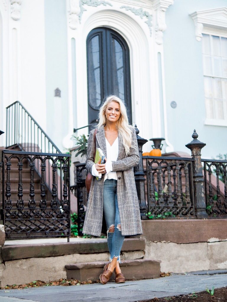 Brownstones in Charleston check plaid long coat brown loafers sweater skinny jeans // charleston fashion blogger dannon k collard like the yogurt